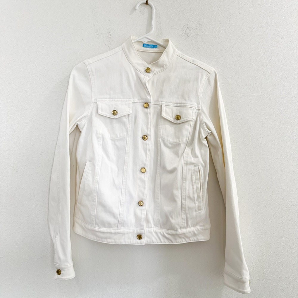 J. McLaughlin Old Money White Denim Gold Button Coastal Nautical Jacket DenimXS - Picture 2 of 5